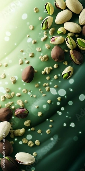 Fototapeta a packaging background in light and dark green tones with pistachios and chocolate particles stacked on the top, the bottom right part is empty, photorealistic.generative ai
