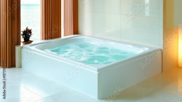 Fototapeta Luxurious Modern Bathroom Featuring a Spacious White Bathtub with Bubbling Water and Panoramic Ocean Views Through Large Windows