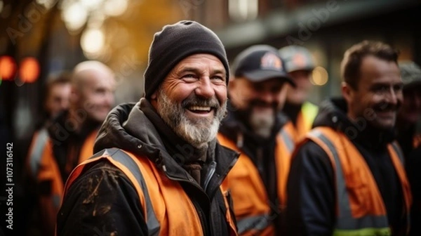 Fototapeta A man in an orange vest is smiling and posing for a picture