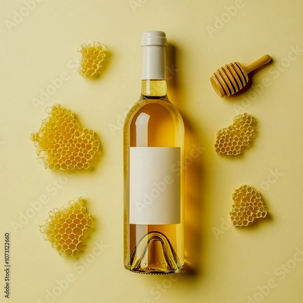 Fototapeta Honey wine bottle with honeycomb and dipper on light yellow background