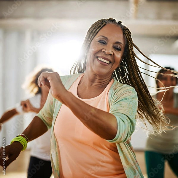 Obraz Senior afro american woman dancing in diverse  group dance class, leading active, healthy lifestyle, fitness, exercising, health, well-being. Retirement hobby and leisure activity for elderly people.
