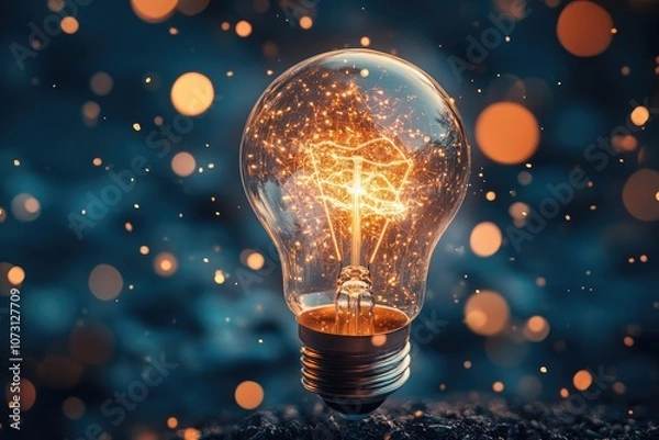 Fototapeta Bright light bulb shining with magic sparks on dark background