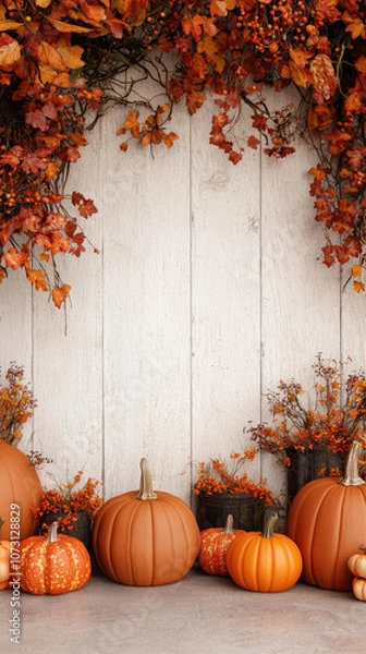 Fototapeta Festive autumn background with pumpkins and colorful leaves, perfect for Thanksgiving celebrations. warm tones create cozy atmosphere
