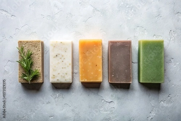 Obraz Overhead View of Colorful Rectangular Soap Bars on Light Gray Background - Aesthetic Product Photography for Soap Display and Home Decor