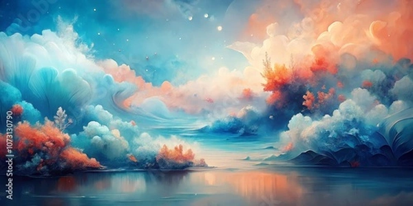 Fototapeta Serene Abstract Digital Painting with Ethereal Blue and Coral Hues for Modern Designs, Wedding Invitations, Elegant Wallpapers, and Creative Backgrounds