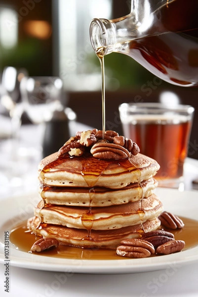 Fototapeta A stack of fluffy pancakes, topped with an assortment of pecans and maple syrup 