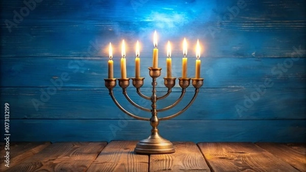 Fototapeta Stunning Hanukkah Menorah with Burning Candles on Wooden Table Against a Blue Background, Perfectly Composed with Rule of Thirds for Celebratory and Holiday-Themed Imagery