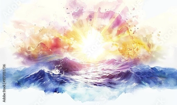 Fototapeta Witness the powerful moment of creation as light emerges from chaos, illuminating the waters in a stunning watercolor depiction inspired by the Book of Genesis