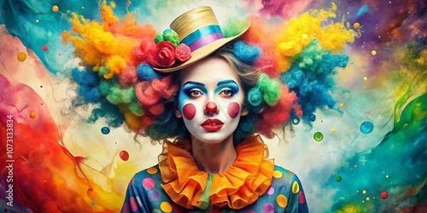 Fototapeta Vibrant Fashion Photography Featuring a Whimsical Clown in Watercolor Style, Showcasing Playful Textures and Colorful Patterns for Unique Artistic Inspiration