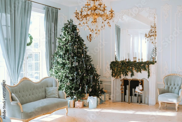 Fototapeta Cozy interior with a decorated Christmas tree and elegant furnishings
