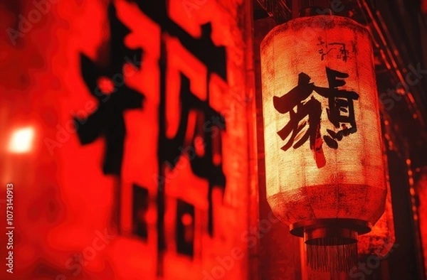 Fototapeta Chinese New Year red background, close-up of a Chinese knot hanging on the right side with large black characters in the middle of the screen, red lanterns