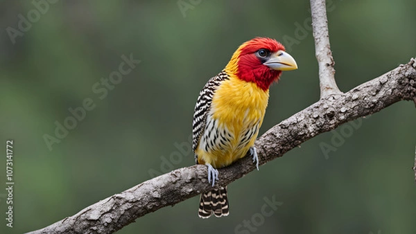 Obraz Red and yellow barbet perched on a branch, Ai Generated