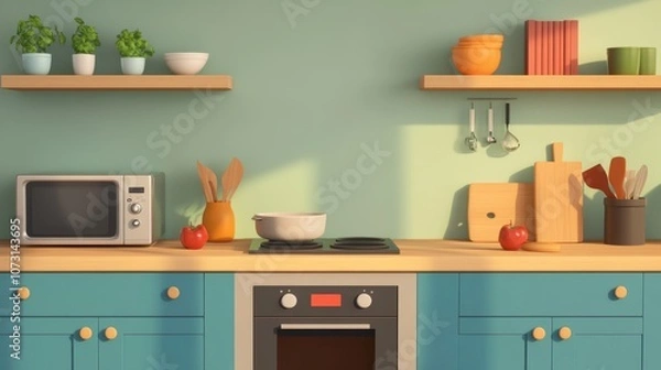 Fototapeta Modern Kitchen Interior with Colorful Shelves, Fresh Ingredients, and Cooking Equipment Highlighting a Bright, Inviting Culinary Space for Home Chefs and Food Enthusiasts
