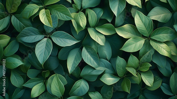 Obraz green leaves glistening with dew in the morning sunlight, showcasing intricate textures