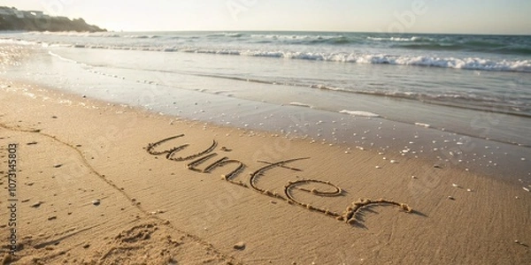 Fototapeta Winter Word Art on Sandy Beach with Gentle Waves Background, Capturing the Essence of Winter's Calmness in a Tropical Setting for Seasonal Imagery and Inspiration