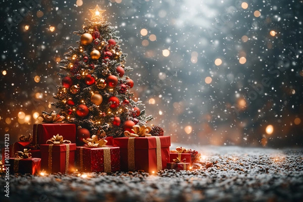 Fototapeta A Christmas tree with gifts on a red background with copy space for text. A New Year and Christmas concept., Photo by AI generative.