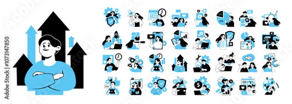 Obraz Illustration set of businesspeople  and various activities of company and project management, online communication,  finance, marketing.