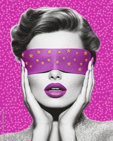 Fototapeta Woman with pink colored blindfold decorated with yellow stars. Lips and nails matching the vibrant hue.  Bold retro aesthetic and glamour.