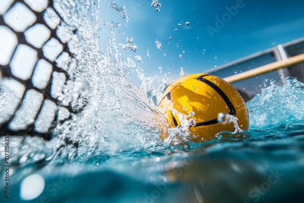 Obraz A water polo ball splashes into the goal during a competitive match under clear skies at a sunny outdoor pool
