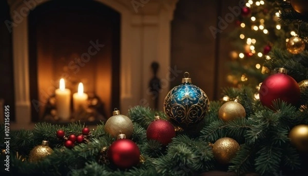 Fototapeta Christmas decoration background with tree and red ball