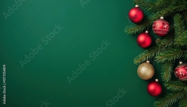 Fototapeta Christmas decoration background with Christmas tree branches and balls