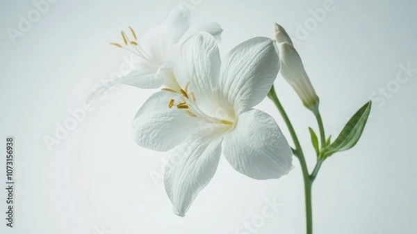 Fototapeta Elegant white lily flowers with buds on minimalist background