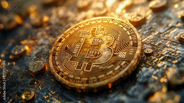 Fototapeta Close-up of a golden Bitcoin symbolizing cryptocurrency and digital finance