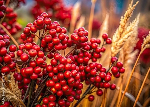 Fototapeta Vibrant red berries stand out against dry plants, illustrating nature's seasonal transitions with rich textures and colors, beautifully captured in macro photography that highlights autumn's charm.