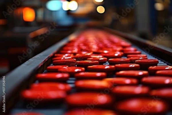 Fototapeta Minimalistic Industrial Factory Conveyor with Red Products for Manufacturing Design