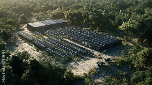 Fototapeta An aerial view of a solar panel farm nestled in a lush forest, a sustainable energy solution.