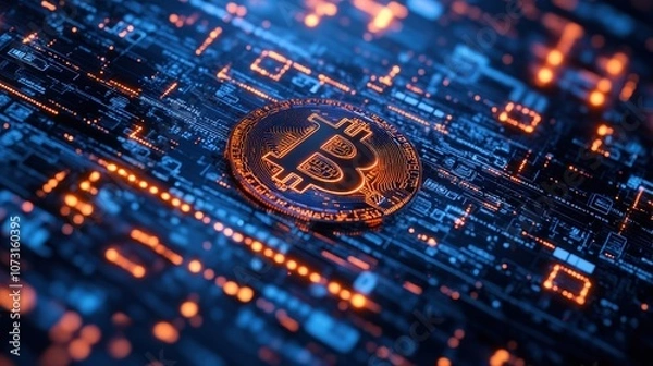 Fototapeta A close-up of a Bitcoin symbol on a digital background of glowing data and circuits.