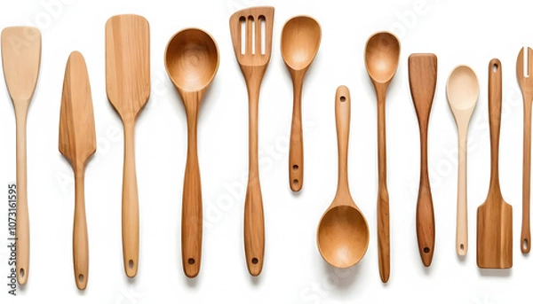 Fototapeta Set of wooden kitchen utensils arranged artistically on a white background for cooking
