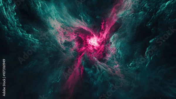 Obraz Explosive burst of pink light emerging from a dark, deep teal background, resembling a cosmic phenomenon in the heart of a nebula.