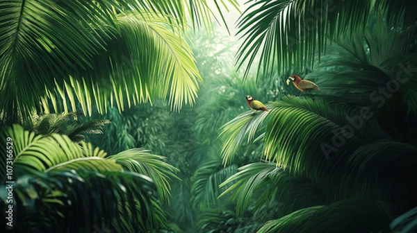 Fototapeta Tropical Jungle with Stylized Palm Leaves and Birds: