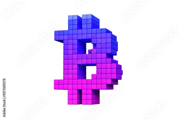 Fototapeta Pixel art style Bitcoin logo in pink and blue. High definition 3D rendering modern retro design concept.