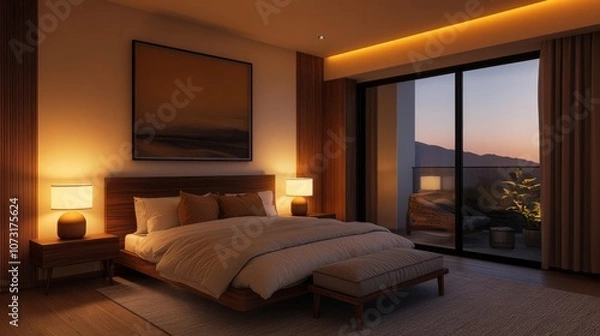 Obraz Bedroom with art, warm ambient light, stylish interior, 3D render