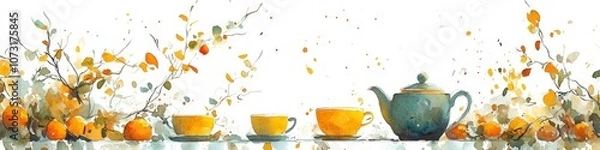 Obraz Minimalist watercolor of a Chinese tea pot and cups on a table decorated with golden details and festive mementos.