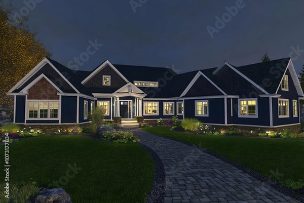 Obraz A beautifully lit modern house at night, showcasing elegant architecture and landscaping.