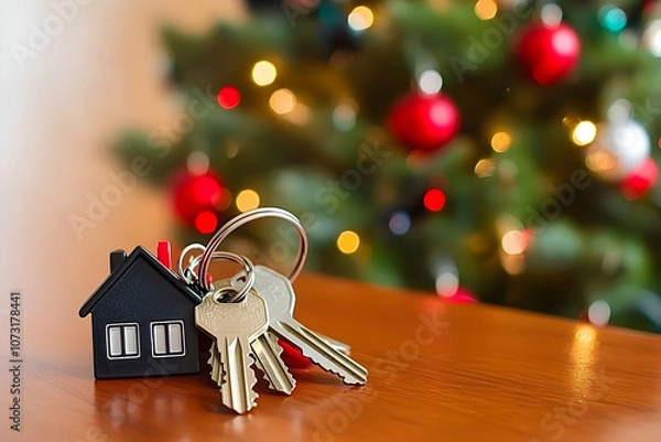Fototapeta A set of keys with a house keychain on a wooden surface, blurred Christmas tree in background.