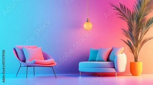 Fototapeta Indoor relaxation corner, artificial warm lighting, calm vibe, 3D illustration