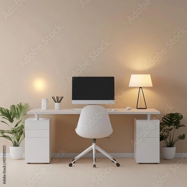 Fototapeta Minimalist workspace, soft warm lights, sleek design, 3D render