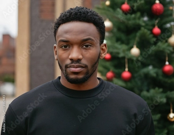 Fototapeta Handsome Africans Americans man wearing a black blank crewneck sweatshirt. mock up style photo. background outside at Christmas's time.
