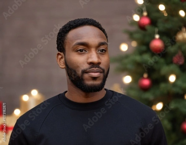 Fototapeta Handsome Africans Americans man wearing a black blank crewneck sweatshirt. mock up style photo. background outside at Christmas's time.