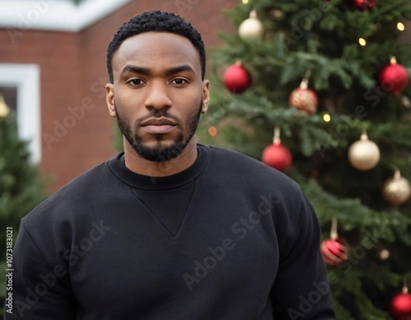 Fototapeta Handsome Africans Americans man wearing a black blank crewneck sweatshirt. mock up style photo. background outside at Christmas's time.