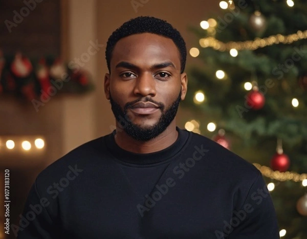 Fototapeta Handsome Africans Americans man wearing a black blank crewneck sweatshirt. mock up style photo. background outside at Christmas's time.