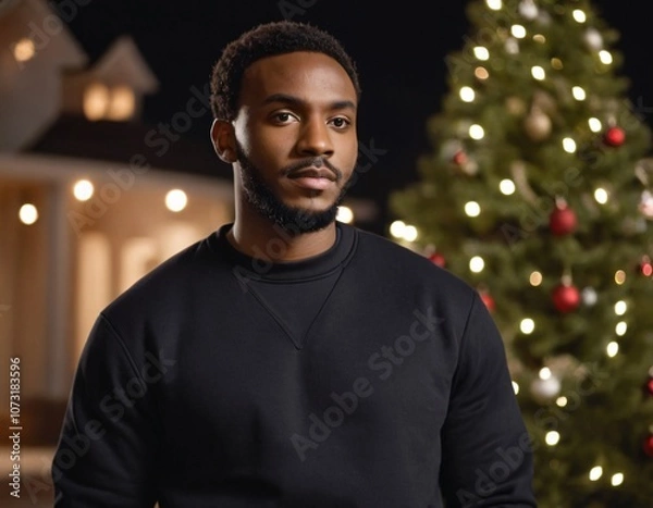 Fototapeta Handsome Africans Americans man wearing a black blank crewneck sweatshirt. mock up style photo. background outside at Christmas's time.