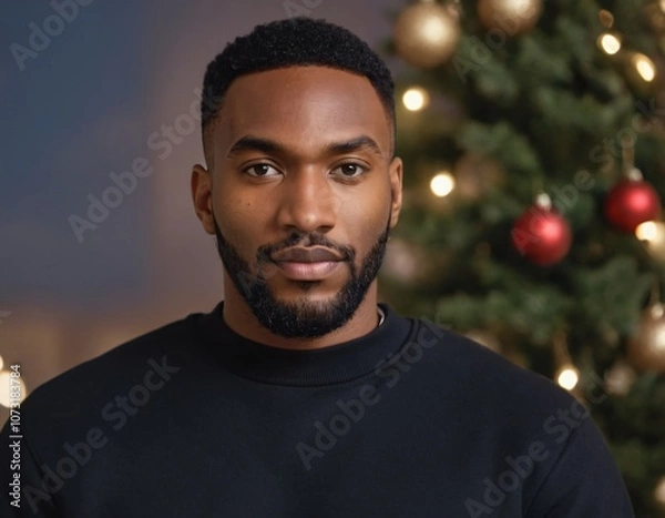 Fototapeta Handsome Africans Americans man wearing a black blank crewneck sweatshirt. mock up style photo. background outside at Christmas's time.