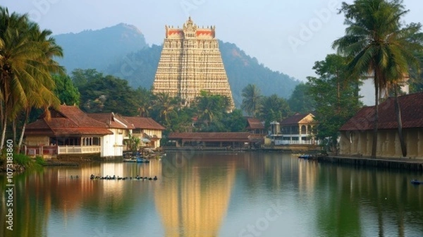 Fototapeta A vibrant view of the colorful murals adorning the walls of the Padmanabhaswamy Temple in Thiruvananthapuram, showcasing their artistic heritage