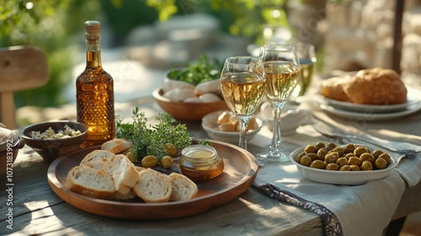Fototapeta Rakia with Bread, Olives, and Herbs on Rustic Outdoor Table