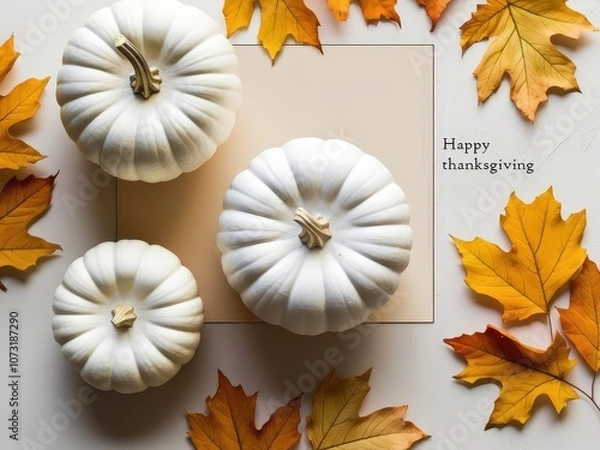 Obraz White pumpkins surrounded by autumn leaves, perfect for Thanksgiving decor.